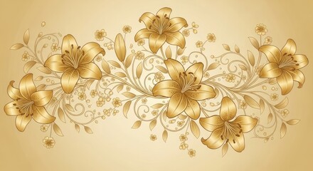 Elegant Golden Lilies and Ornate Floral Swirls on a Warm Gradient Background - Luxurious Botanical Design Element