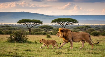 Majestic African Lion and Cub Walking Through Golden Savanna at Sunrise