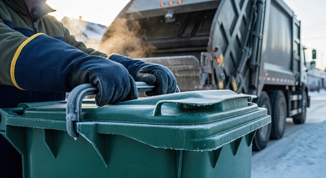 Worker in warm gloves handles a frosty green garbage bin on a cold winter day, with a waste collection truck in the snowy background.