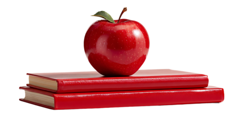 Bright Red Apple with Green Leaf Placed Atop a Stack of Two Books Against Transparent Background Under Soft Lighting Education and Knowledge Theme for Adobe Stock, PNG