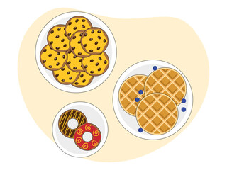 Meal variety waffle with blueberry, cookies and doughnut. Brunch food illustration. Flat vector design.