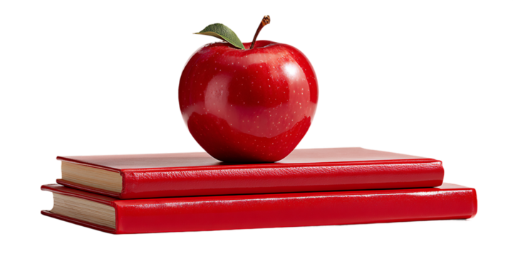 Bright Red Apple with Green Leaf Placed Atop a Stack of Two Books Against Transparent Background Under Soft Lighting Education and Knowledge Theme for Adobe Stock, PNG