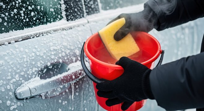 Gloved hands cleaning a car covered in ice and frost with a yellow sponge and warm water from a red bucket during winter
