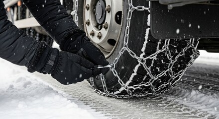Gloved hands fitting metal snow chains onto a large vehicle tire in a snowy winter environment, ensuring traction for safe driving conditions