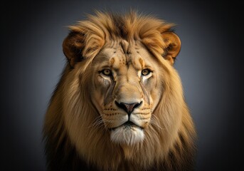 Fototapeta premium Majestic male lion portrait with a powerful gaze and detailed golden mane against a dark backdrop.