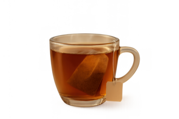 Glass mug steeping hot tea with a teabag, making a warming and relaxing beverage, transparent background
