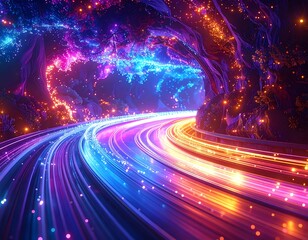 Fototapeta premium Illuminated tunnel with glowing light streaks, cosmic fantasy view