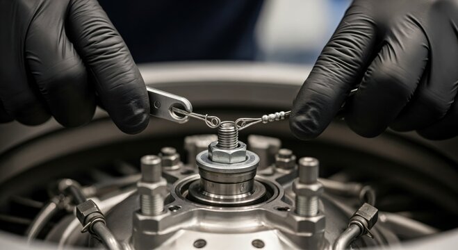 Professional technician's gloved hands meticulously performing safety wiring on a critical aerospace or industrial engine component, ensuring secure assembly and reliability.