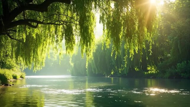 Tranquil River Scene with Sunlight Filtering Through Weeping Willow Branches