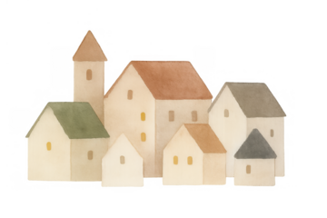 Watercolor village illustration depicting a cozy european town with houses and steeple, hand-painted artwork