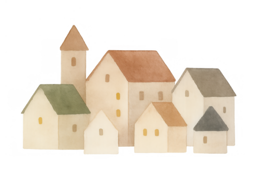 Watercolor village illustration depicting a cozy european town with houses and steeple, hand-painted artwork