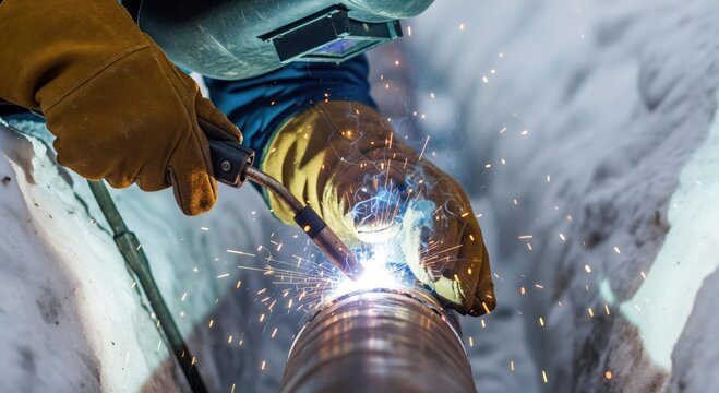 Professional welder in protective gear joining metal pipes outdoors, creating bright sparks and light during the industrial process.