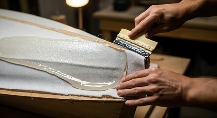 Skilled craftsman's hands applying clear epoxy resin with a squeegee to fiberglass fabric during boat or surfboard construction in a workshop.