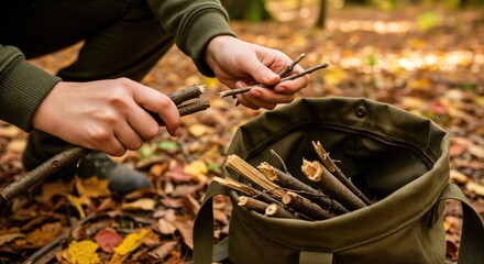Close-up of hands breaking small branches and collecting kindling into a canvas bag on an autumn forest floor, preparing for a campfire or survival activity.