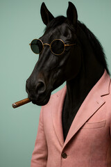 mafia-looking horse wearing sunglasses and smoking a cigarette
