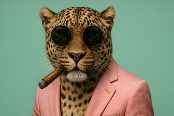 mafia-looking leopard wearing sunglasses and smoking a cigarette