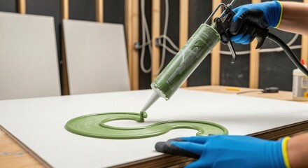 Professional hands in blue protective gloves applying green silicone sealant with a caulking gun onto a white surface for a home renovation project