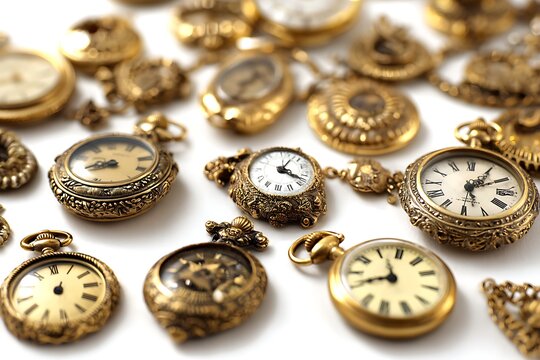 Assortment of Antique Gold Pocket Watches with Ornate Details on a White Background