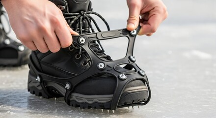 Obraz premium Close-up of a person's hands putting on black ice cleats over a winter boot for safe walking on slippery ice