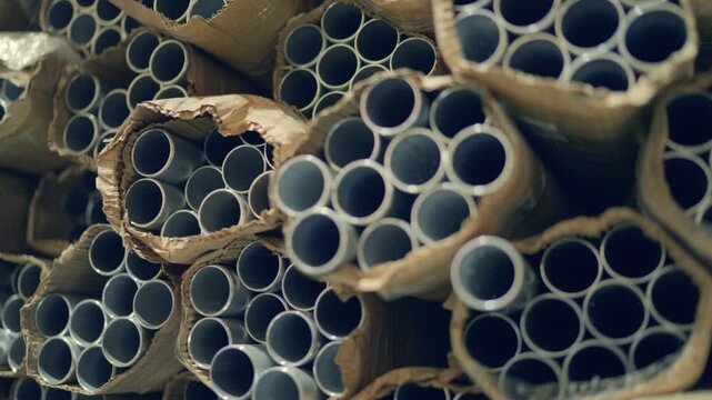 Close-up of stacked industrial pipes in cardboard, warehouse storage and metal tube supply, production and logistics environment in a tent making factory in Sailkot, Pakistan