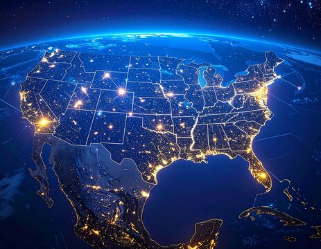 Illuminated view of North America at night from space, with defined states