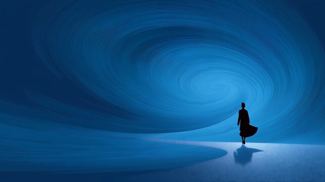 Silhouette figure swirling blue abstract landscape