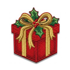 Festive red gift box with a golden bow and holly leaves, a beautifully embroidered Christmas present icon