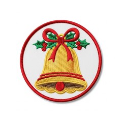 Golden embroidered Christmas bell with red ribbon and holly accents, a festive symbol for holiday greetings and carols.