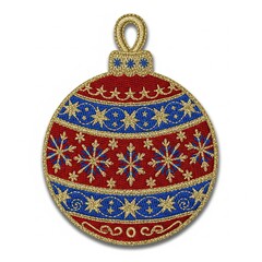Intricate embroidered Christmas bauble with snowflake patterns in red, blue, and gold, a decorative holiday ornament.
