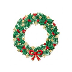 Luxurious embroidered Christmas wreath with holly, berries, pine needles, and gold snowflakes, adorned with a red bow.