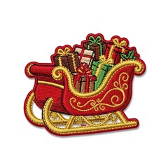 Red and gold embroidered Santa's sleigh overflowing with festive Christmas presents, a holiday icon for winter celebrations.