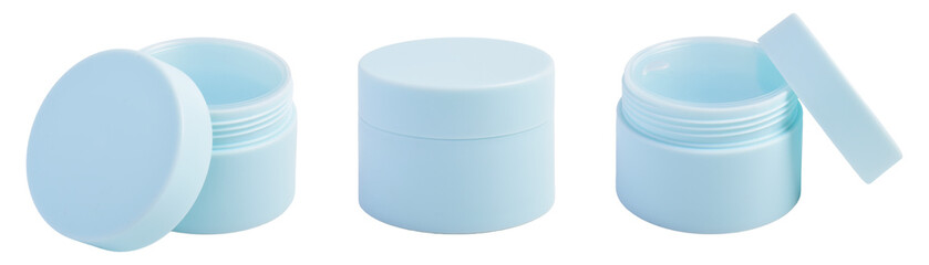Set of blue plastic cosmetic jar with lid isolated on white background, for skincare or cream product packaging design.
