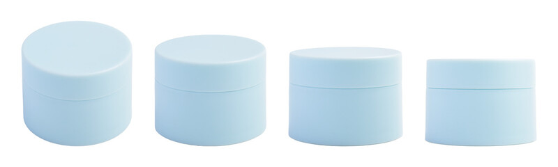 Set of blue plastic cosmetic jar with lid isolated on white background, for skincare or cream product packaging design.