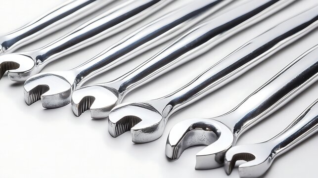 Chrome Wrenches Laid in a Row, Open End Style, on White Background