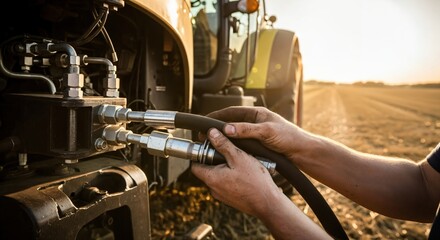 Agricultural Machinery Maintenance: Close-Up of Hands Connecting Hydraulic Hoses on a Tractor in Golden Hour Light