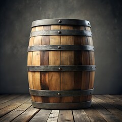 Fototapeta premium A rustic wooden barrel with metal bands sits on a weathered wooden floor against a dark textured background evoking a sense of history and tradition