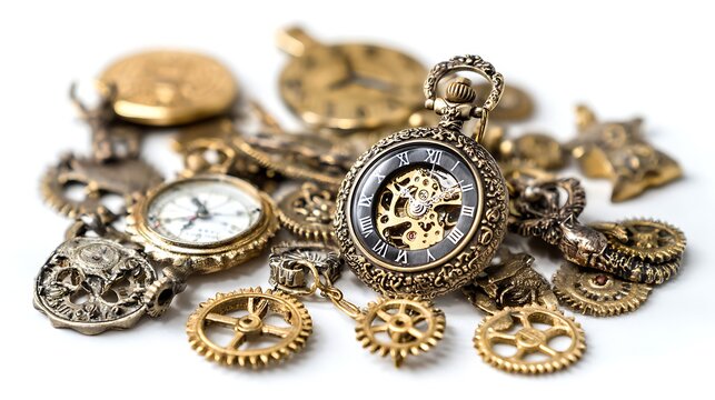Closeup of Intricate Vintage Pocket Watches and Gears on a White Background