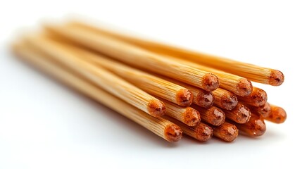 CloseUp Stack of Wooden Matches with Brown Tips Isolated on White Background