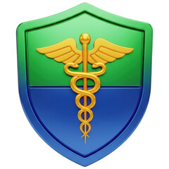 Golden caduceus medical symbol emblem on blue and green shield icon isolated on transparent background