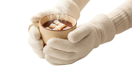 Hands holding a warm mug of hot chocolate with marshmallows