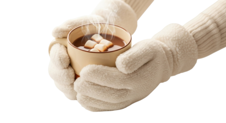 Hands holding a warm mug of hot chocolate with marshmallows