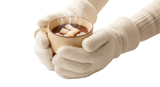 Hands holding a warm mug of hot chocolate with marshmallows