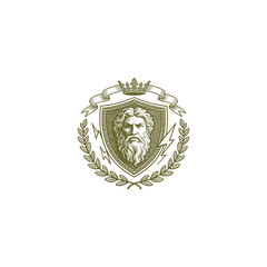 Fototapeta premium Vintage Zeus or Greek God crest logo vector illustration. Engraving style emblem featuring the King of Gods with a beard, surrounded by lightning bolts, a shield, crown, laurel wreath, and banner