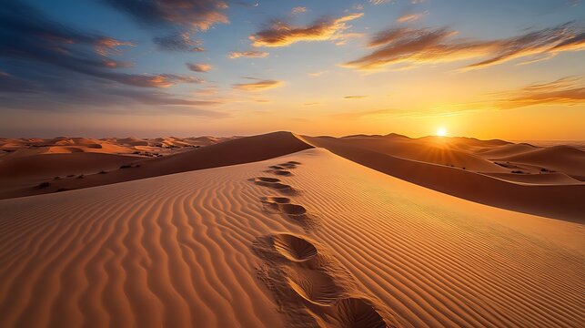 Desert Sand Dunes Landscape with Footprints at Sunset, Warm Light and Blue Sky