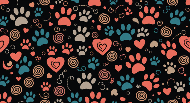 Seamless pattern of colorful paw prints, hearts, and decorative swirls on a black background, representing pet love and companionship.