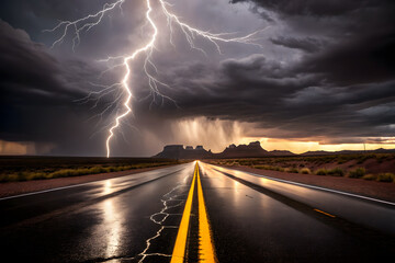 Lightning strike over deserted road and storm