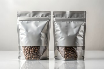 Two blank silver stand up pouches with clear windows showcasing coffee beans or small food items on a white reflective surface