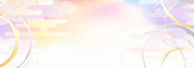 空のグラデーションと日本の伝統的な模様を組み合わせた和風背景イラスト