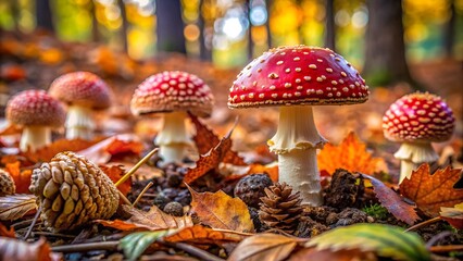 Vibrant amanita muscaria mushrooms with red caps and white spots growing in a forest floor covered with autumn leaves and pinecones