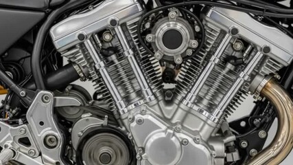 Detailed Motorcycle Engine Close-Up: Chrome, Metal, and Power.